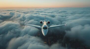 Private Jet Flying Above Clouds at Sunset photo