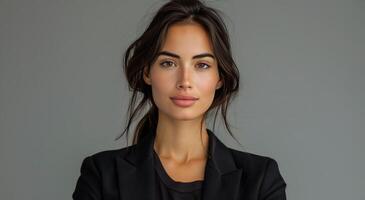 Young Woman With Long Brown Hair Wearing a Black Blazer in Front of a Gray Wall photo