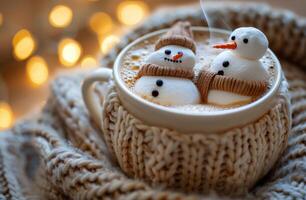 Cozy Winter Hot Chocolate With Marshmallow Snowmen photo