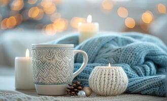Cozy Winter Scene With Mug, Candles, and Knit Blanket photo