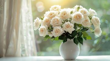 White Rose Bouquet in White Vase on Table by Window photo