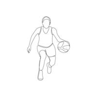 Young boy playing basketball continuous line drawing. Professional basketball player outline vector