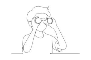 Young boy looking through binocular line art drawing. Binocular continuous outline vector
