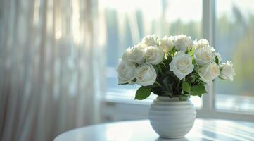 White Rose Bouquet in White Vase on Table by Window photo