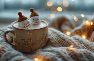 Two Snowman Marshmallows in a Mug of Hot Chocolate on a Cozy Winter Bed photo