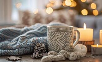 Cozy Winter Scene With Mug, Candles, and Knit Blanket photo