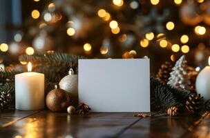Blank Card With Christmas Ornaments and Lights on a Table photo
