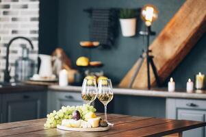 Fresh grape and cheese as appetizer with wine photo