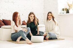 Happy girlfriends with wine using laptop at home photo