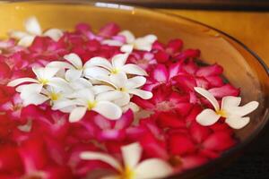 Flowers in bowl for spa procedures photo