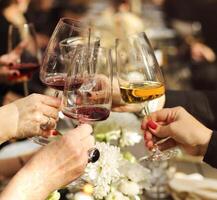 Friends toasting with wine during dinner photo