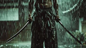 Immerse in the intensity of this dramatic scene, a lone warrior stands poised in the rain photo
