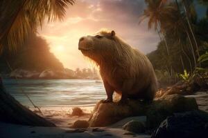 Cute capybara enjoying a serene tropical sunset by the lakeside, photo