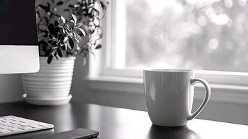 cup of coffee on a table with black and white screen video