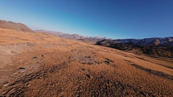 FPV drone and low fast flight at sunset quickly flies over a field of dry grass in the Caucasus mountains, blue clear sky. High quality 4k footage. Caucasus at the foot of Elbrus mountain in autumn video