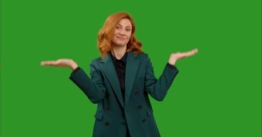 Woman hand palms apart as surprise gesture on mock up background. video