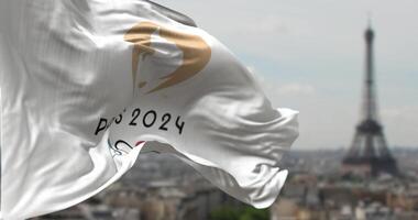 Close-up view of the Paris 2024 Summer Olympics flag waving in the wind video