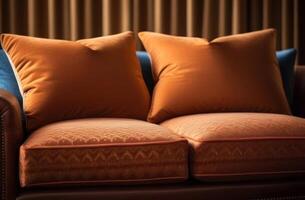 Luxurious leather sofa with plush pillows basking in ambient light photo