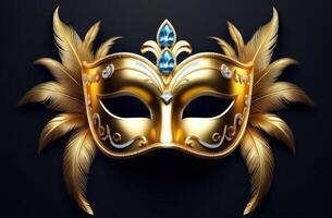 Immerse in the allure of this golden masquerade mask adorned with intricate patterns and vibrant feathers photo