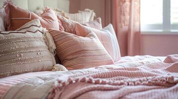 Cozy up with this chic boho bedding set in soft blush tones, radiating warmth and comfort photo