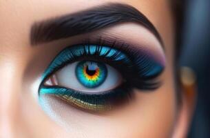 Mesmerizing close-up of an eye with vibrant makeup and stunning colors photo