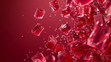 Experience the exhilarating burst of red ice cubes flying dynamically against a vibrant background photo