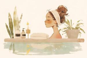 Indulge in a serene bath scene illustration featuring a peaceful woman relaxing with candles and plants photo