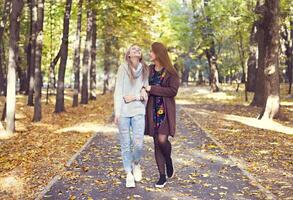 Fashionable beautiful young girlfriends walking together in the autumn park background. Having fun and posing. photo