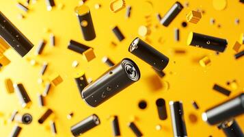 Explore the dynamic world of abstract art with this eye-catching yellow backdrop and floating black cylinders photo