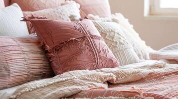 Cozy up your space with this stylish pillow arrangement featuring soft pastel hues and textured fabrics photo