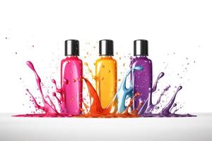 Capture creativity in action with vibrant ink splashes from colorful bottles photo