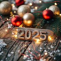 Capture the essence of the festive season with this captivating image featuring the year '2025' amidst a backdrop photo