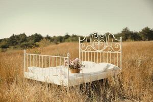 Wrought iron bed standing in center with basket of wildflowers in sun-burnt summer field photo