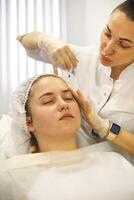 Cosmetologist making injection during beauty procedure in salon photo