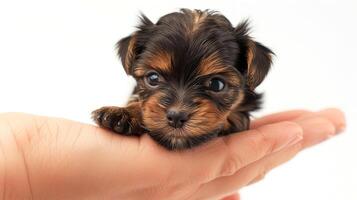 Adorable tiny puppy resting in a hand, radiating cuteness and warmth photo