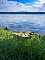An old rowboat sits peacefully on a flower-covered lakeshore, surrounded by dandelions and greenery, with the calm waters of the lake in the background under a sunny sky photo