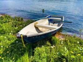 An old rowboat sits peacefully on a flower-covered lakeshore, surrounded by dandelions and greenery, with the calm waters of the lake in the background under a sunny sky photo
