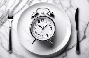 Alarm clock resting on empty plate served by fork and knife on marble surface photo