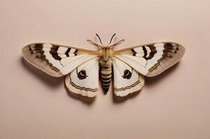 A detailed image capturing the intricate black and white patterns on the wings of a moth, showcased on a seamless neutral surface. photo