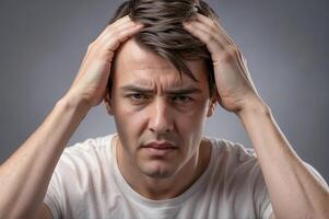 Portrait of man holding hands on head because of headache or because of stress on neutral background photo
