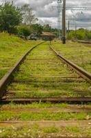 old Railroad track in a pile of gravel. railway pattern background. High quality photo