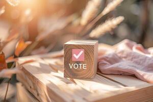 Wooden Cube with Vote Checkmark on Light Background photo