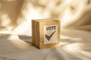 Wooden Cube with Vote Checkmark on Light Background photo