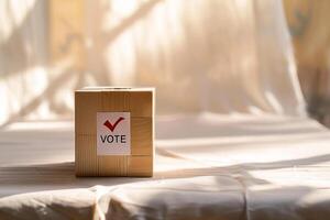Wooden Cube with Vote Checkmark on Light Background photo