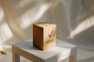 Wooden Cube with Vote Checkmark on Light Background photo