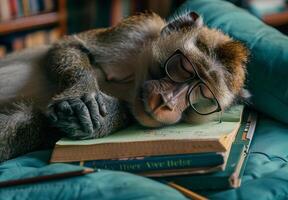 Baboon with Glasses Sleeping on Notebook in Cozy Study Setting photo