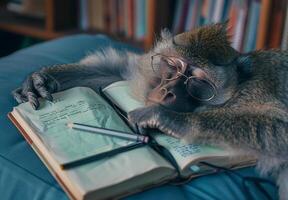 Baboon with Glasses Sleeping on Notebook in Cozy Study Setting photo