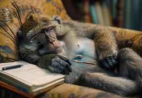 Baboon with Glasses Sleeping on Notebook in Cozy Study Setting photo