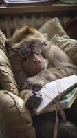 Baboon with Glasses Sleeping on Notebook in Cozy Study Setting photo