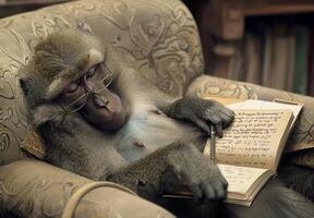 Baboon with Glasses Sleeping on Notebook in Cozy Study Setting photo